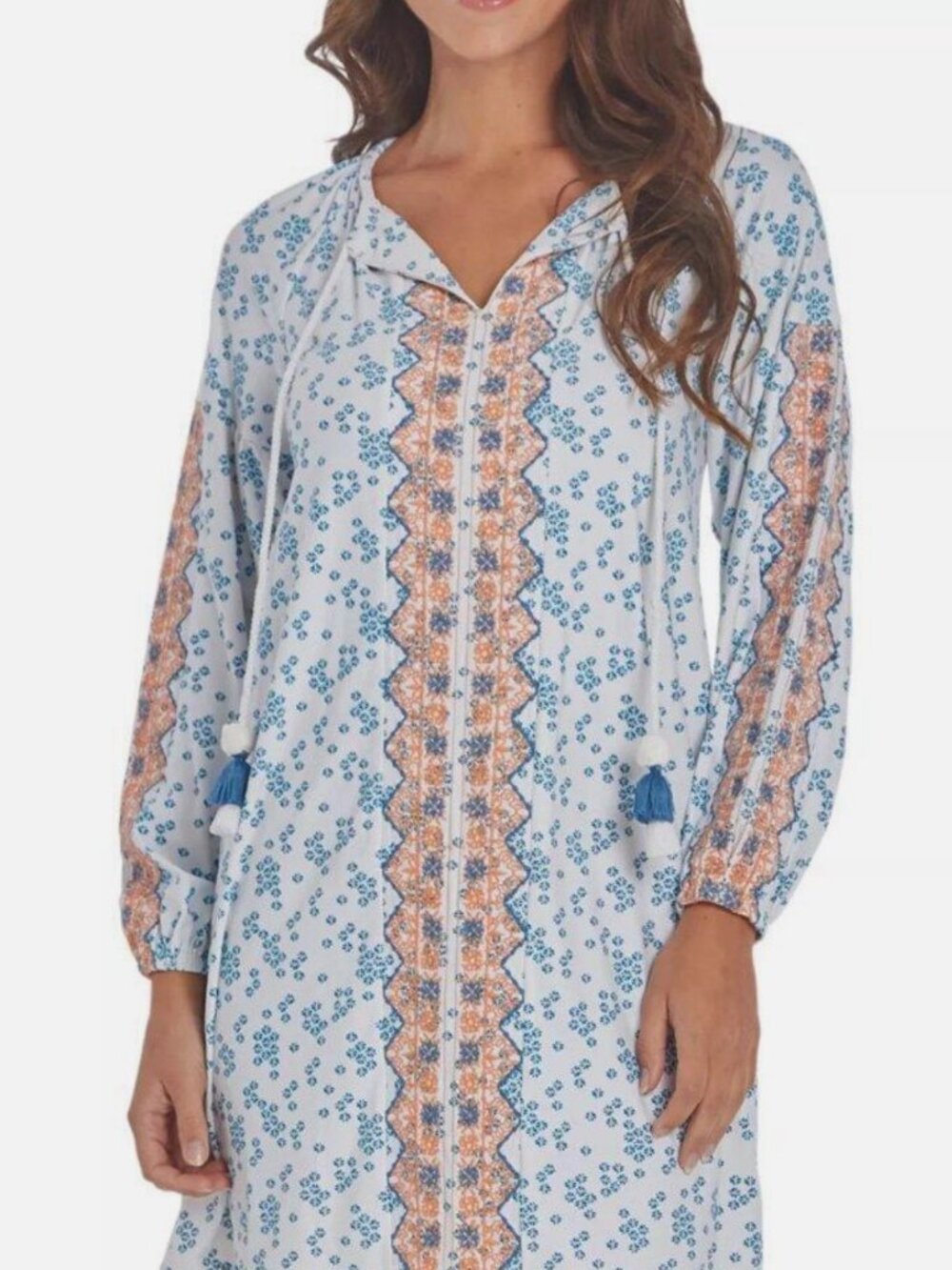 Cabana Life Tunic Dress Cover Up Size Large Blue White Orange Tassel Boho Beach
